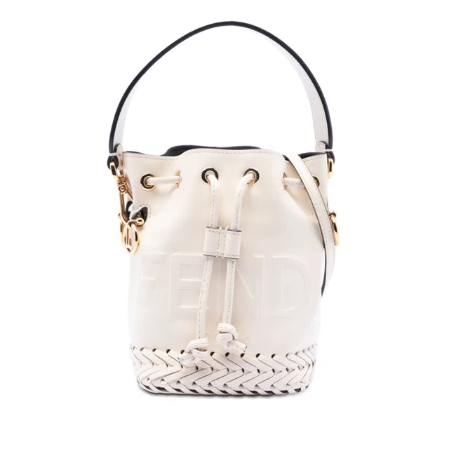 White Fendi Mini Embossed Leather Whipstitch Mon Tresor Bucket Bag Satchel in White Leather from Designer Revival