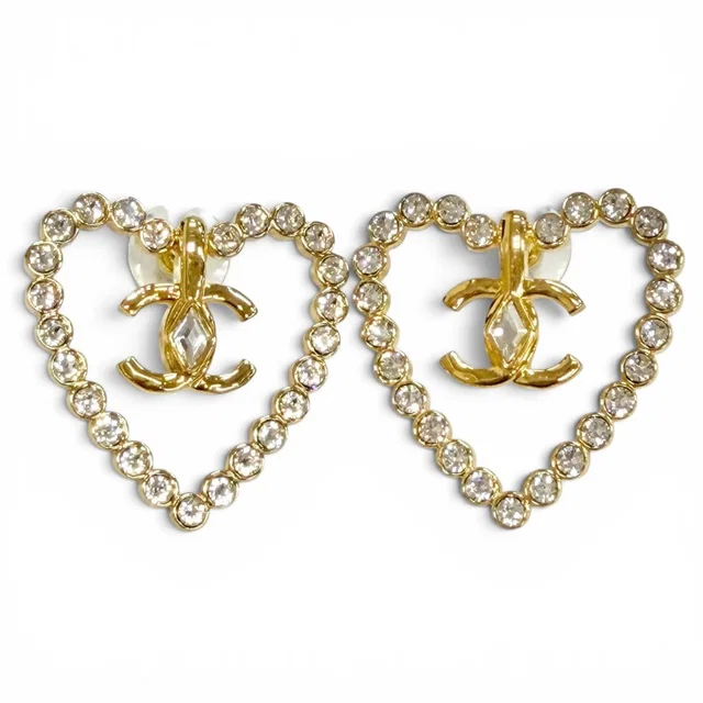 Chanel CC Logo Heart Crystal Rhinestone Earrings for Both Ears Gold in Gold from The Reluxe