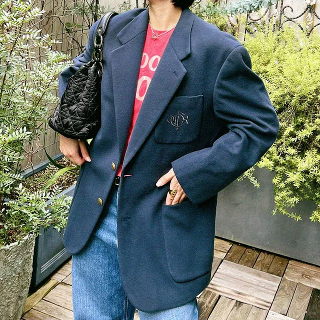 Dior Logo Emblem Embroidered Jacket #L Navy in Navy Wool from VINTAGE QOO TOKYO