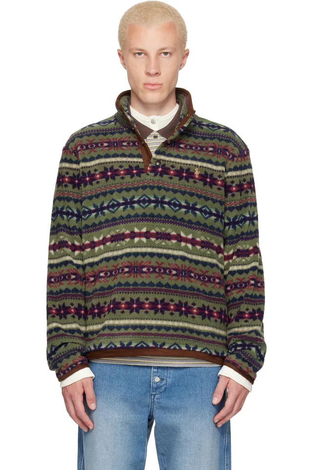 Polo Ralph Lauren Green Patterned Fleece Sweater, image 1 of 1 from SSENSE