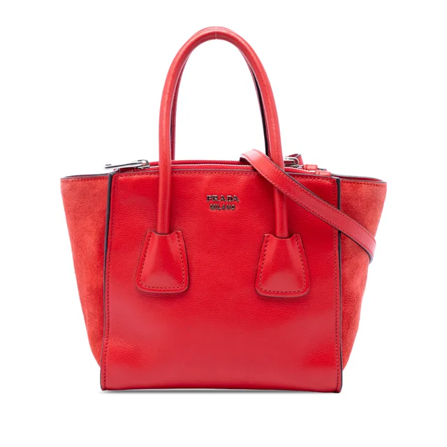 Red Prada Small Glace Calf Twin Pocket Satchel in Red Calfskin from Designer Revival