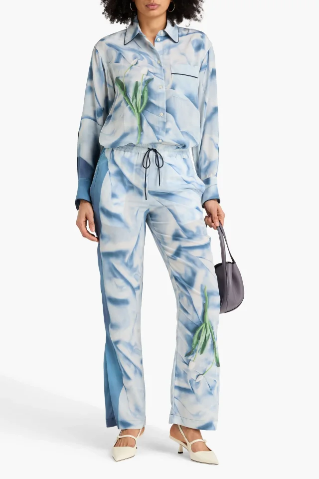 Victoria Beckham Printed Silk-Satin Straight-Leg Pants in Light blue, photo 2 of 4 from THE OUTNET
