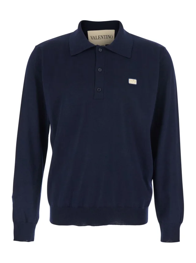 Valentino Blue Polo Style Sweater with VLogo Plaque on the Front in Wool for Men in Blue 100% Virgin Wool from Gaudenzi Boutique, photo 1 of 1