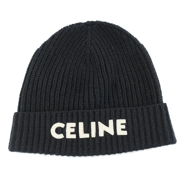 Celine Knit Cap Listed TU Black Logo Patch Beanie in Black Wool from The Reluxe