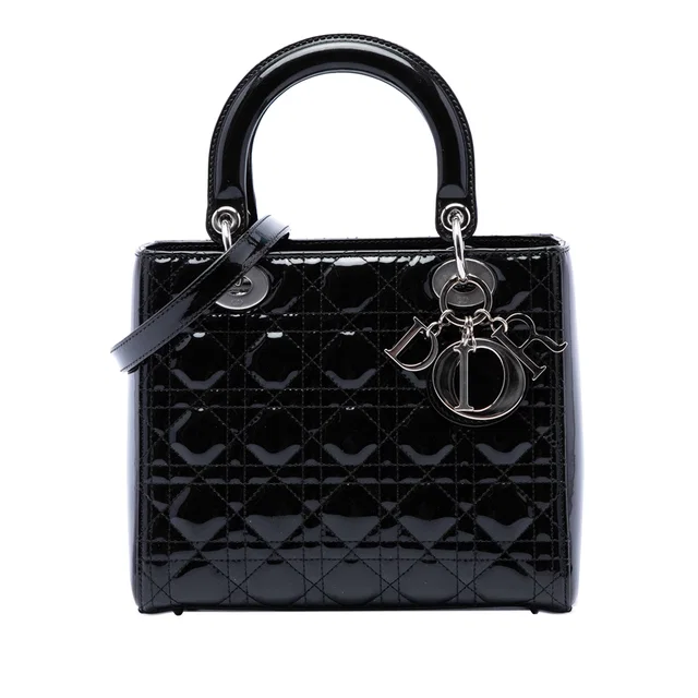 Black Dior Medium Patent Cannage Lady Dior Satchel in Black Patent leather from Designer Revival