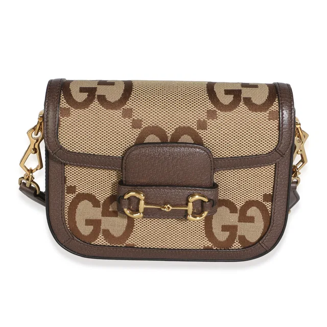 Gucci Camel Ebony Monogram Jumbo GG Calfskin Web Mini Horsebit 1955 Shoulder Bag in Brown Calfskin from myGemma