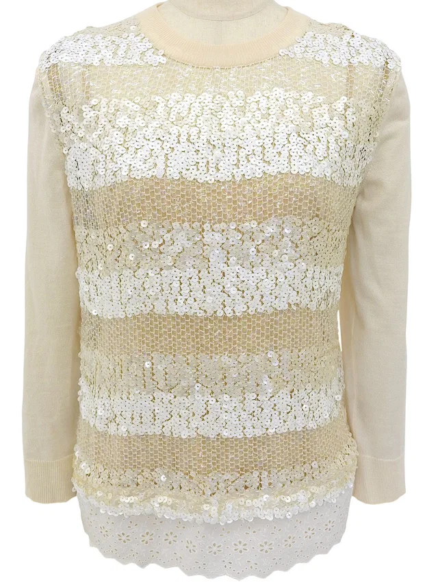 Louis Vuitton Sequin Lace Design Knit Top - Ivory in White Silk from VINTAGE QOO TOKYO