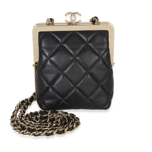 Chanel Black Quilted Lambskin Cc Frame Clutch With Chain Leather Handbag in Black Lambskin from HEWI