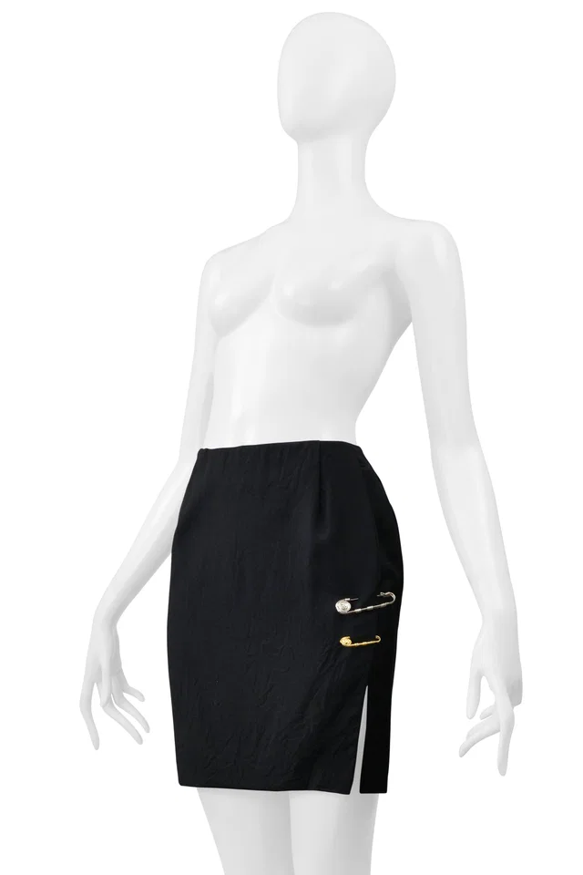 Versace Iconic Black "Safety Pin" Mini Skirt With Slit 1994 in Black Wool from Resurrection Vintage