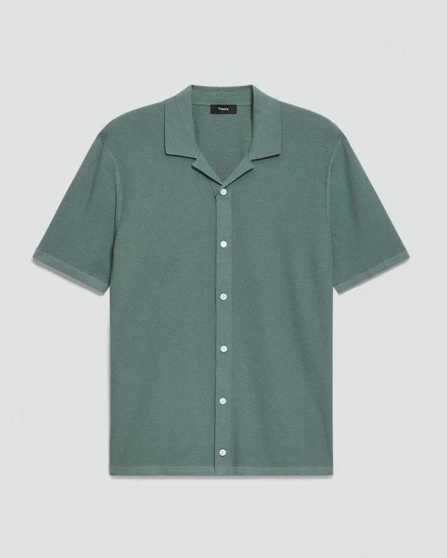 Theory Short-Sleeve Button-Up Shirt in Light Bilen in LIGHT PINE GROVE 62% Viscose, 38% Polyester; Exclusive Of Elastic, photo 6 of 12 from Theory