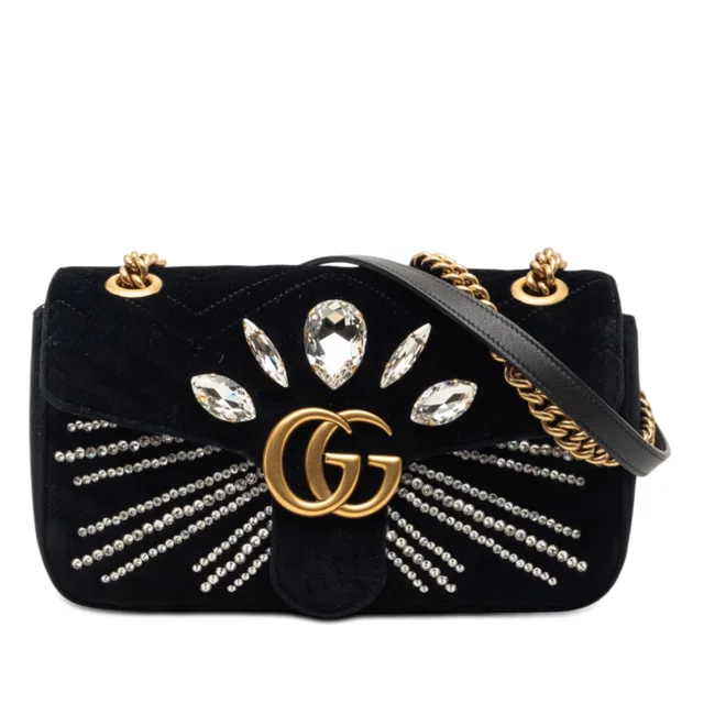 Black Gucci Medium GG Marmont Matelasse Velvet Crystal Embellished Shoulder Bag in Black Velvet from Designer Revival