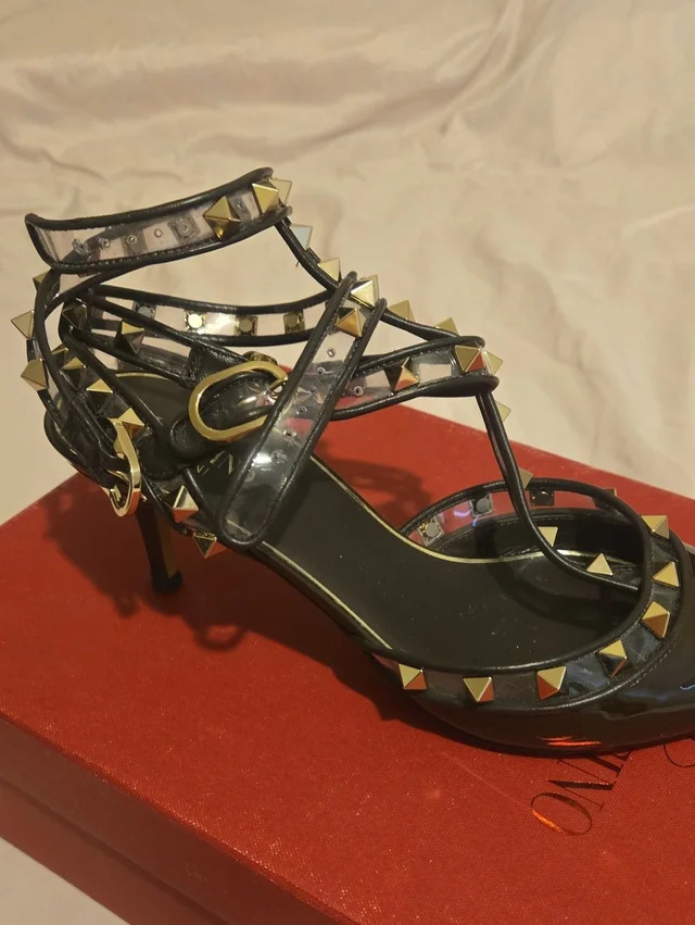 Valentino Garavani Black Patent Studded Strappy Heel With Gold Studs in black|gold Patent leather from Poshmark