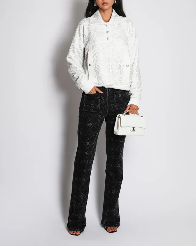 Chanel 21/N White Coco-Neige Crystal Rhinestone Logo Pullover Jumper Size FR 40 (UK 12) in White Cashmere from Sellier