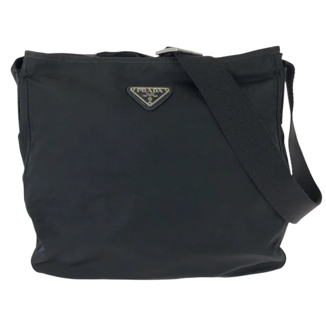 Prada Tessuto Black Silver Nylon Leather Shoulder Bag in Black Nylon from The Reluxe
