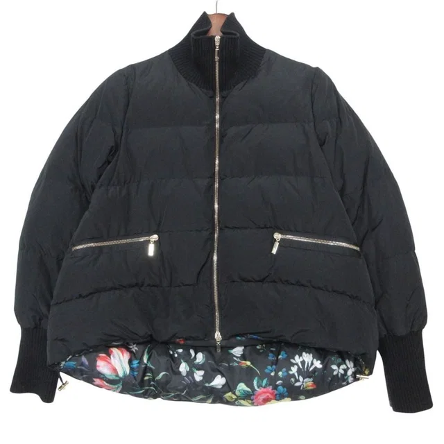 Moncler Down Jacket Zoe Zip Up Outer Short Length Tropical Pattern Lining Black in Black from The Reluxe