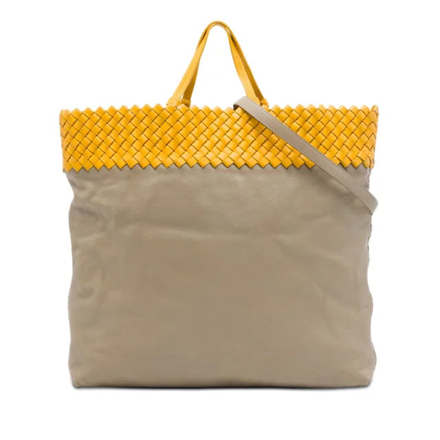Yellow Bottega Veneta Intrecciato Trimmed Bicolor Nappa Satchel in Yellow Nappa leather from Designer Revival