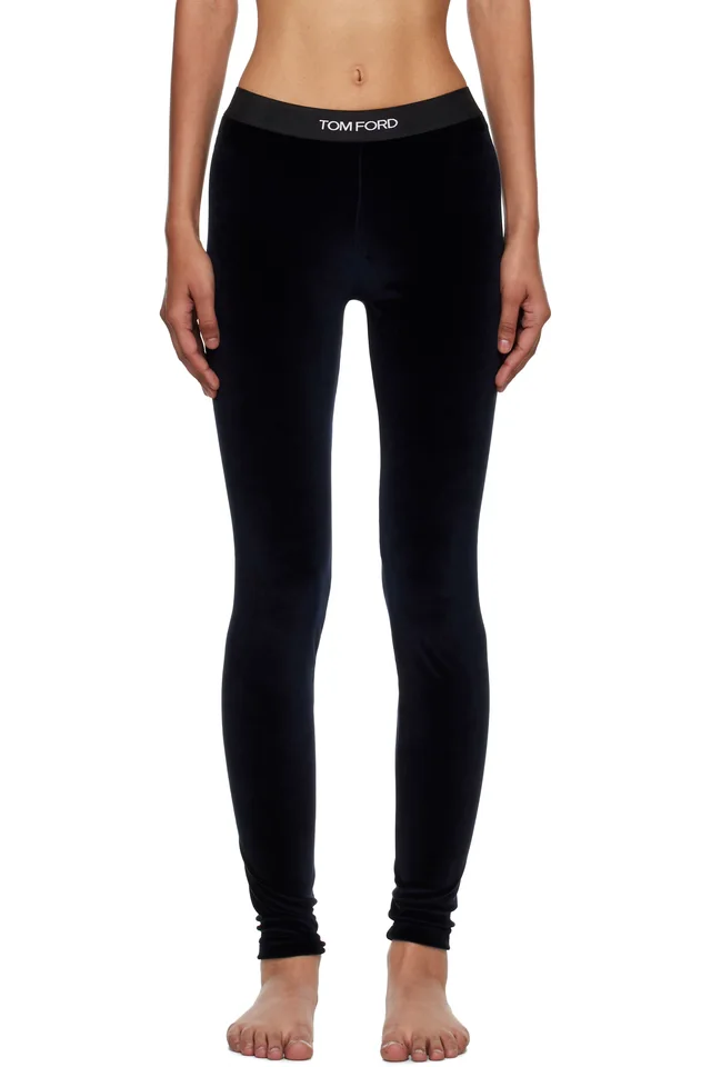 TOM FORD Navy Lustrous Velour Signature Leggings, image 1 of 1 from SSENSE
