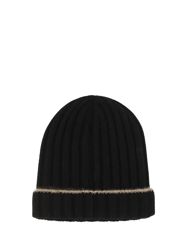Brunello Cucinelli M2240900 Cashmere Ribbed Beanie — Black (capra Hircus) Beanies in Black Cashmere from HEWI