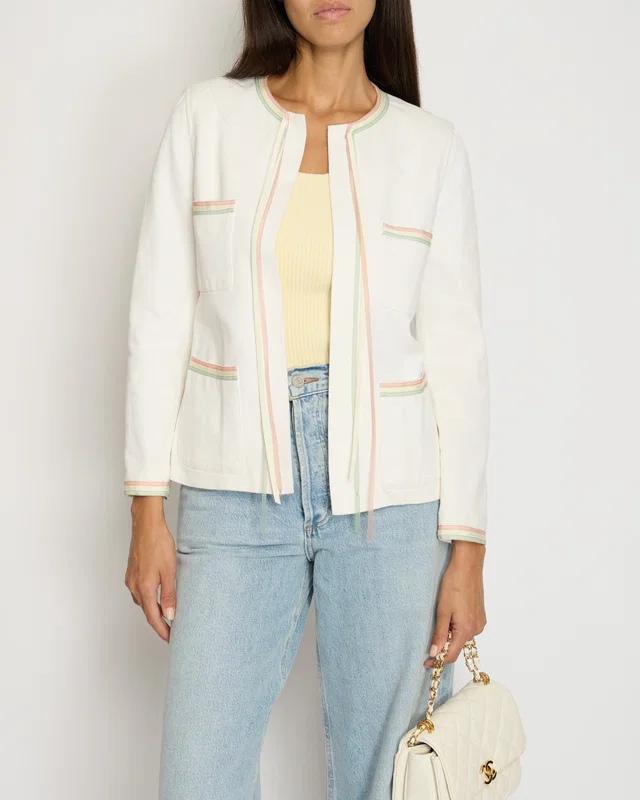 Chanel 04/C White Round Neck Jacket with Pastel Trim Detail FR 36 (UK 8) in White from Sellier