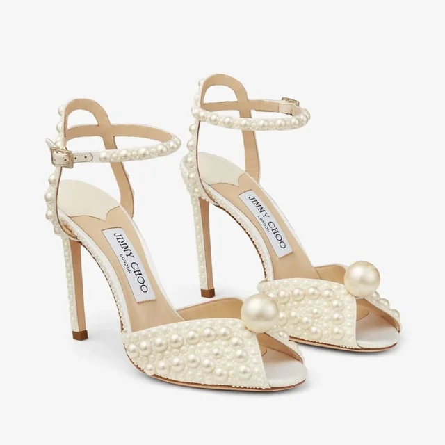 Jimmy Choo Sacora 100mm Pearl-Embellished Sandals Size 38 in white Satin from Poshmark