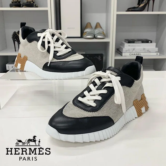 Hermès Bouncing Fabric Leather Sneakers Black Beige in Black Leather from The Reluxe