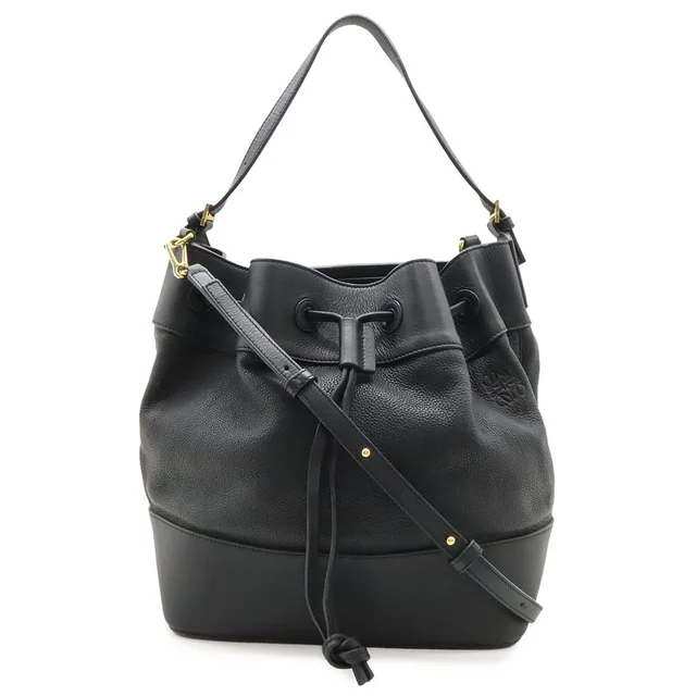 Loewe Midnight Bucket Shoulder Bag 2-Way Drawstring Leather Black Gold in Black Leather from The Reluxe