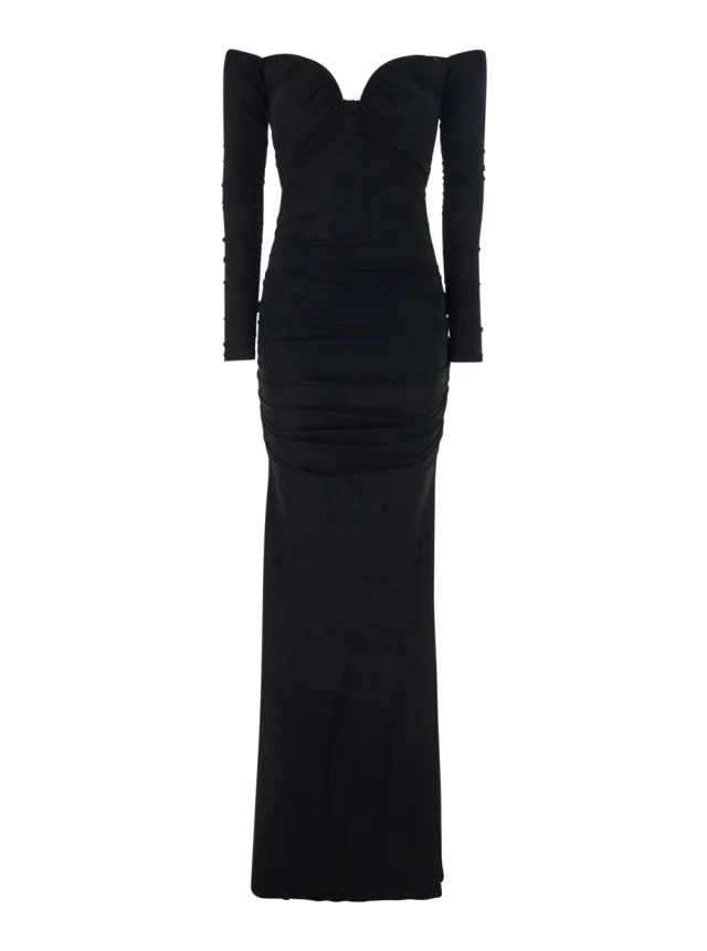 Black Off Shoulder Dress with Ruffles in Stretch Viscose for Women in Black, image 1 of 1 from Gaudenzi Boutique