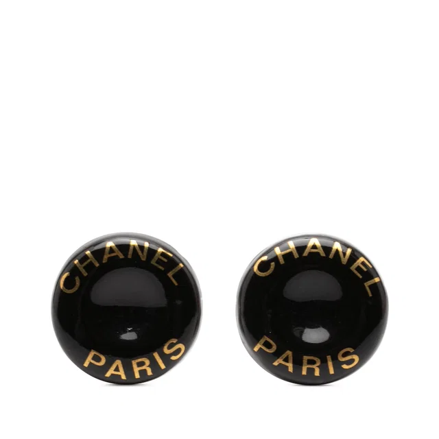 Black Chanel CC Resin and Brass Logo Print Clip On Earrings in Black Resin from Designer Revival