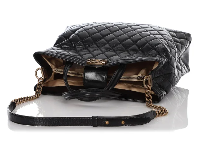 Chanel Large Black Quilted Glazed Calfskin Boy Shopping Tote in Black Calfskin from Ann's Fabulous Finds, photo 7 of 9