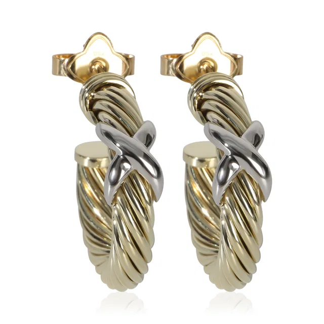 David Yurman White Gold & Yellow Cable X Hoop Earrings 14k in White from HEWI