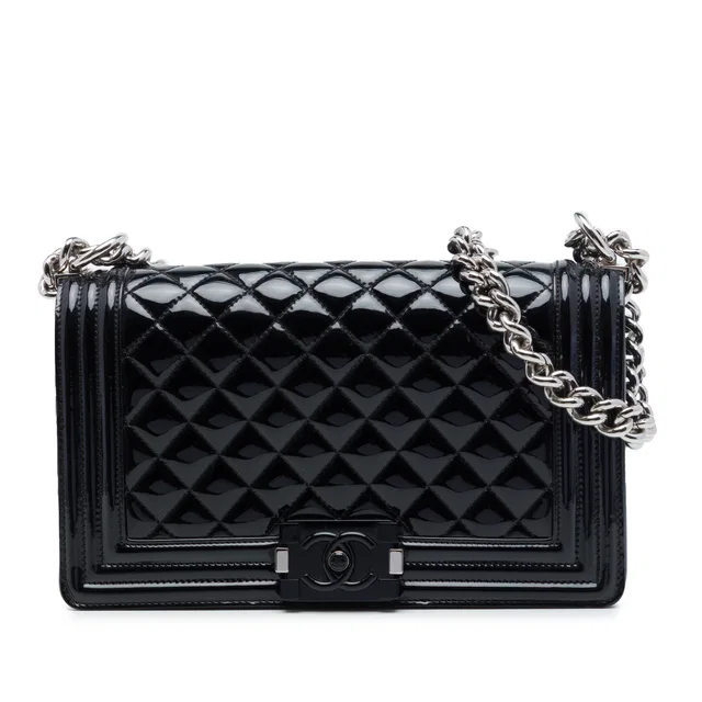 Black Chanel Old Medium Quilted Patent Acrylic Boy Flap Crossbody Bag in Black Patent leather from Designer Revival