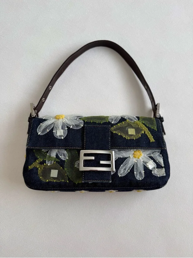 Fendi Vintage Floral Embroidered Denim Baguette Shoulder Bag in blue|white Denim from Poshmark