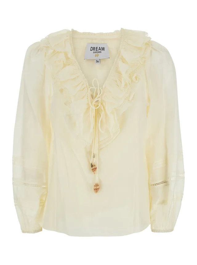 DREAM CATCHER 'Aria' White Blouse with V-neck and Ruffles on the Front in Fabric for Women in White, photo 2 of 6 from Gaudenzi Boutique