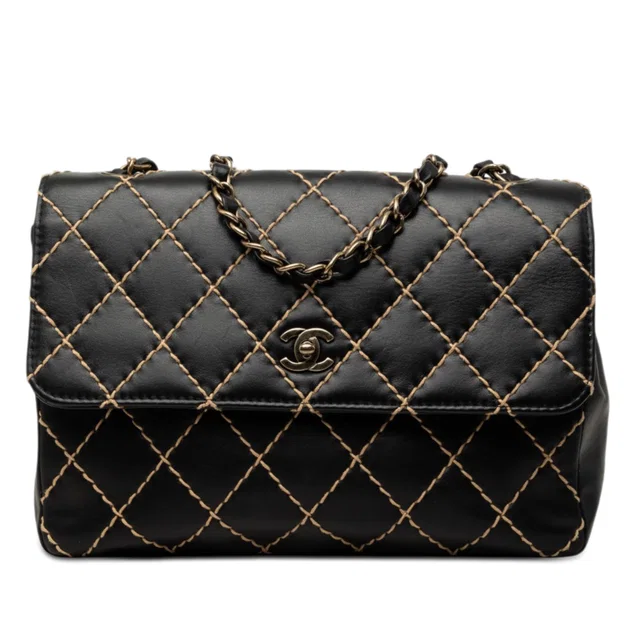 Black Chanel Jumbo CC Quilted Lambskin Wild Stitch Flap Shoulder Bag in Black Lambskin from Designer Revival