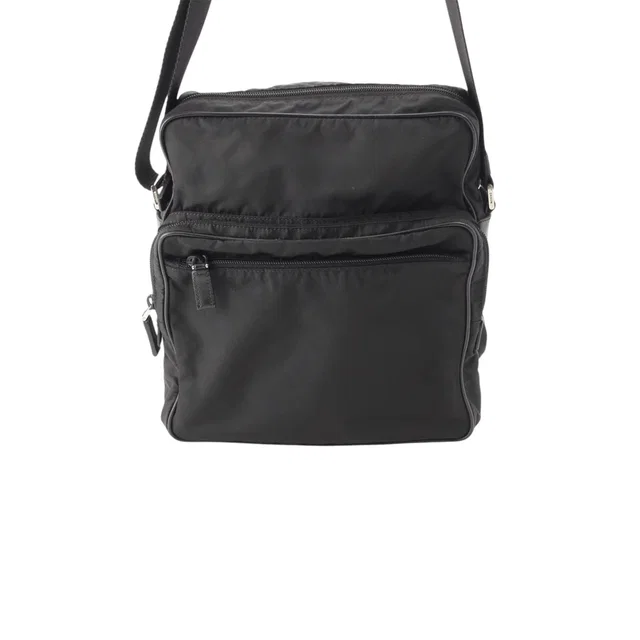 Black Prada Saffiano Trimmed Tessuto Zip Top Crossbody in Black Saffiano leather from Designer Revival