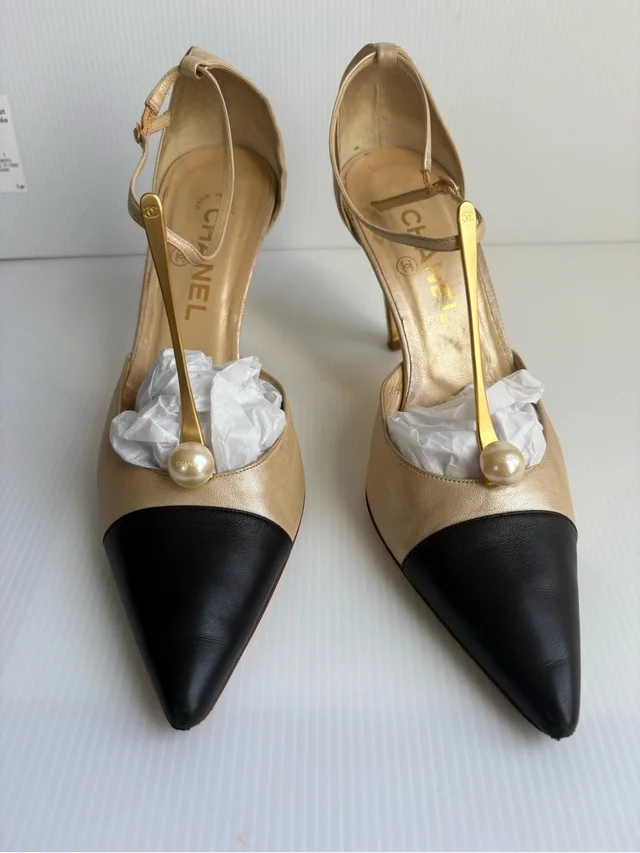 Chanel Cc Logo Faux Pearl Straps Heel Pumps 38.5 Us 8-.5 Two Tone in black Leather from Poshmark