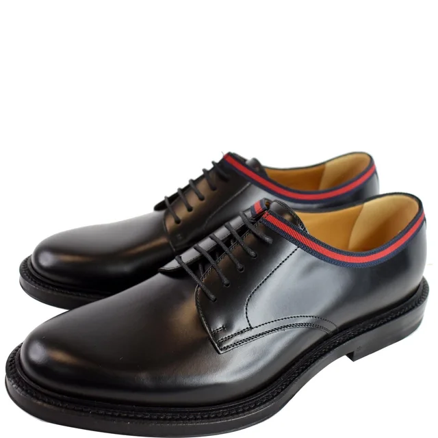 Gucci Classic Web Lace Up Shiny Leather Shoes Black 472749 US 7 in Black Leather from Dallas Designer Handbags