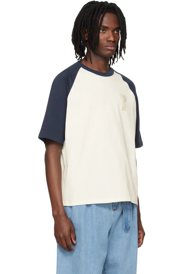 AMI Paris White & Blue Cotton Ami de Coeur Knitted Patch T-shirt, photo 2 of 4 from SSENSE