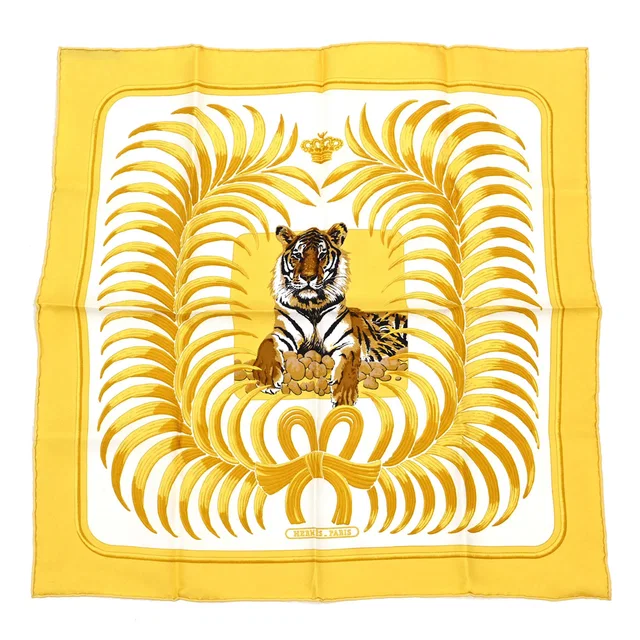 Hermès Scarf Carre 45 Tigre Royal Yellow Small Good in Yellow Silk from AMORE Vintage Tokyo
