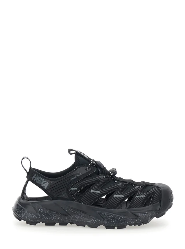 HOKA 'Hopara' Black Sandals with high rubber sole and logo lettering on the side in Tech Fabric Unisex in Black 100% Textile/Rubber, photo 2 of 6 from Gaudenzi Boutique