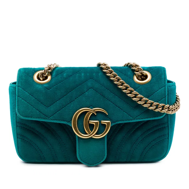 Blue Gucci Small GG Marmont Matelasse Velvet Shoulder Bag in Blue Velvet from Designer Revival