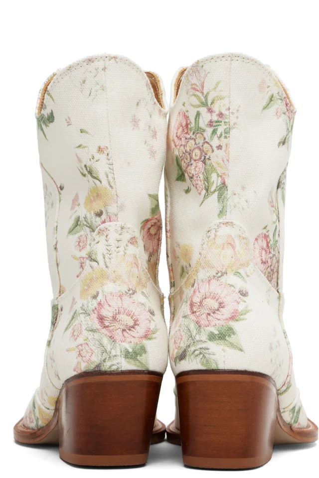 OPEN YY Off-White Floral Western Mid Calf Boots, photo 2 of 5 from SSENSE