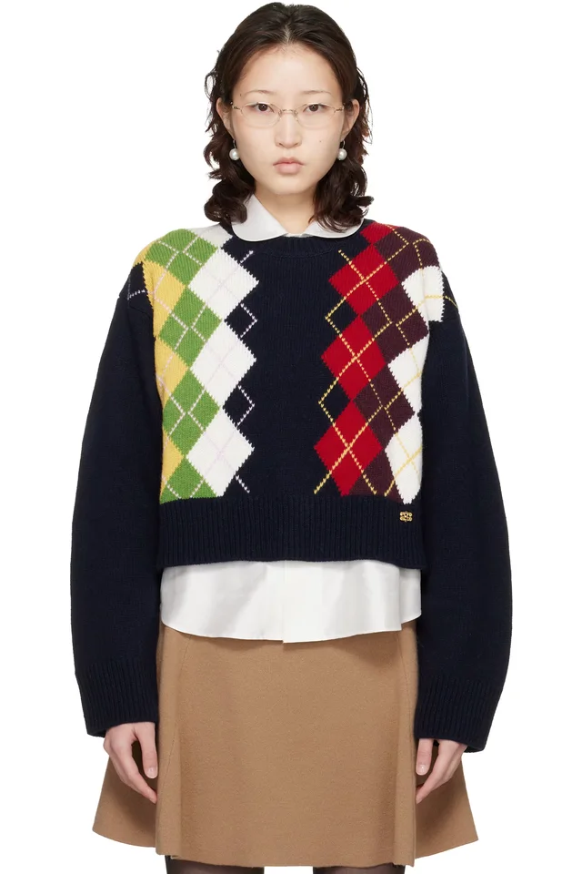GANNI Navy Chunky Wool Mix Argyle Knit Sweater, image 1 of 1 from SSENSE