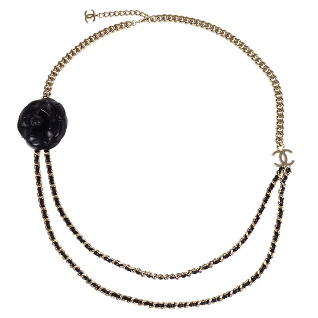 Chanel Chain Belt CC Camellia Bow Gold Black B17P Small Good in Black Leather from AMORE Vintage Tokyo