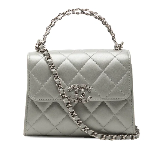 Silver Chanel Mini CC Metallic Lambskin Top Handle Clutch With Chain Satchel in Silver Lambskin from Designer Revival
