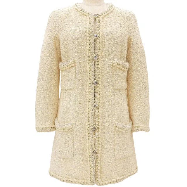 Chanel Tweed Chain CC Mark Button Collarless Jacket #38 Ivory in White Tweed from VINTAGE QOO TOKYO