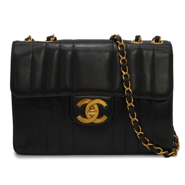 Chanel Vintage Mademoiselle Chain Shoulder Bag Black Lamb Skin Gold Hardware in Black Leather from Luxury Promise