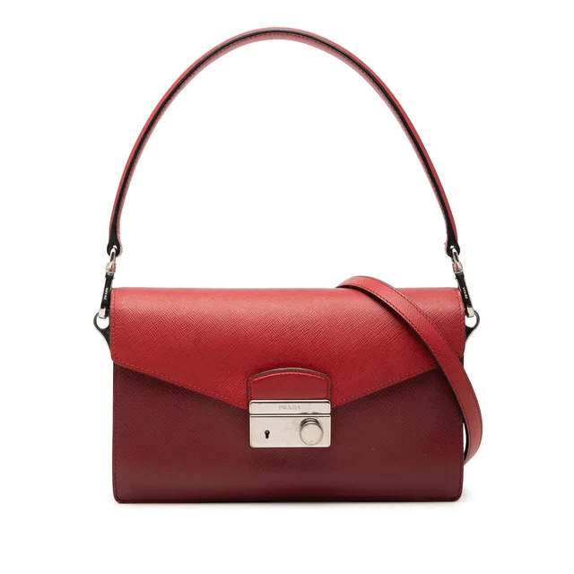 Red Prada Mini Saffiano Lux Sound Lock Satchel in Red Saffiano leather from Designer Revival
