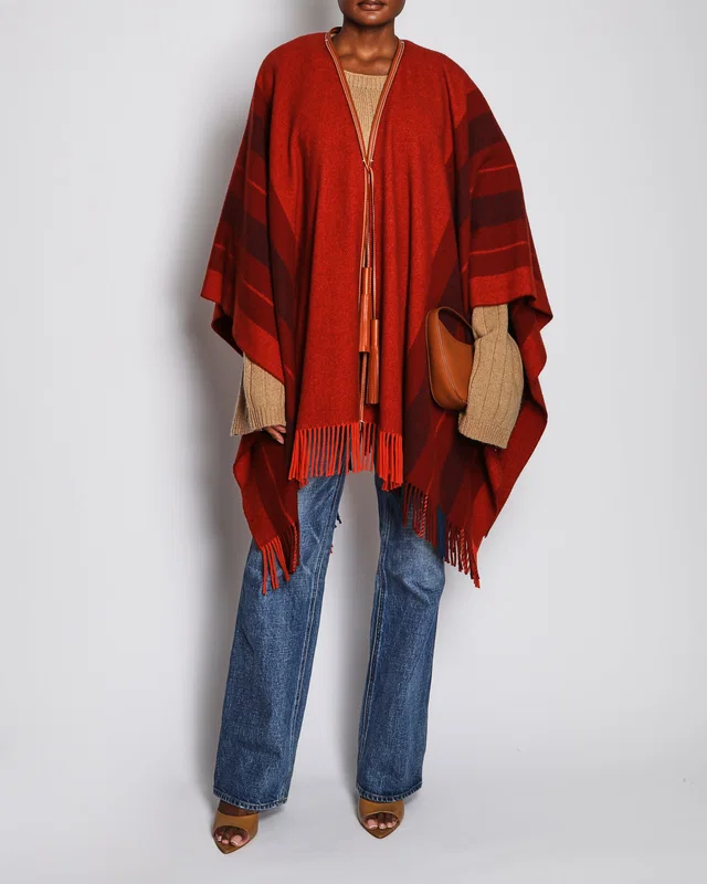 Hermès Orange Herringbone Fringe Cape with Leather Tie Detail in Orange Leather from Sellier
