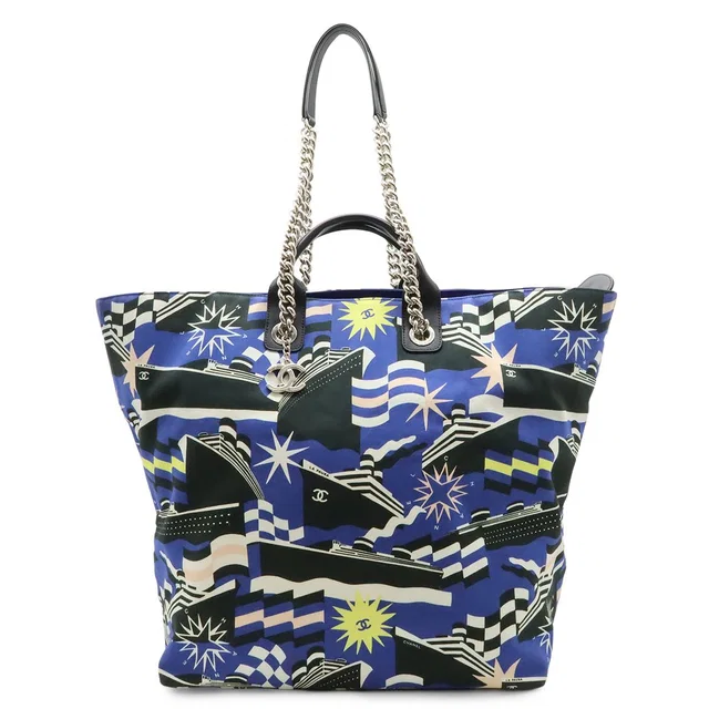 Chanel la Pausa Tote 2-Way Chain Shoulder Bag Ship Motif Canvas Blue Black in Black Canvas from The Reluxe